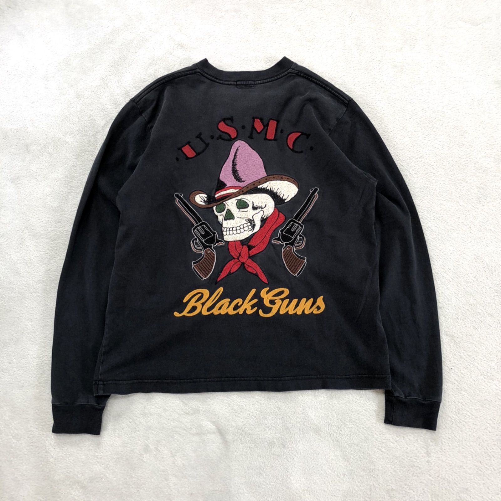 東洋エンタープライズ ロングスリーブTシャツ スカT スーベニア刺繍 ネーム刺繍 Thomas スカル ドクロ Black Guns ロンT 長袖カットソー ブラック 黒