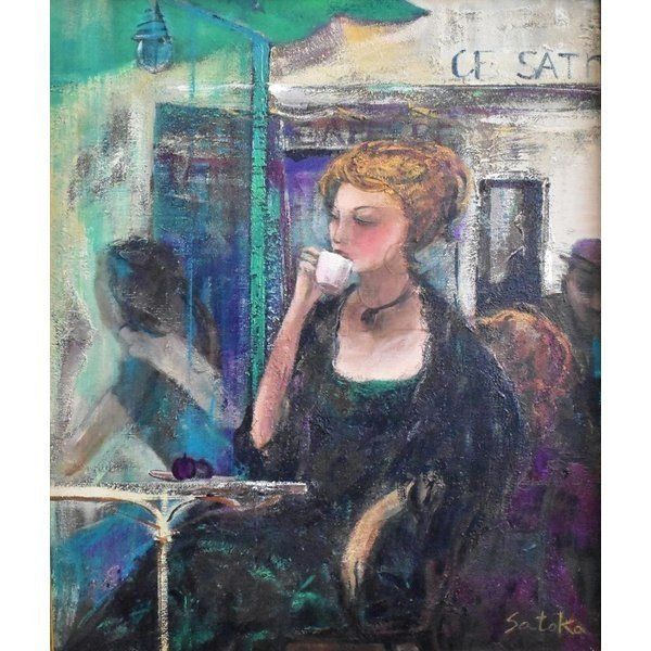 佐々木里華「カフェの女」 油彩 F8号 絵画 人物画 美術 アート