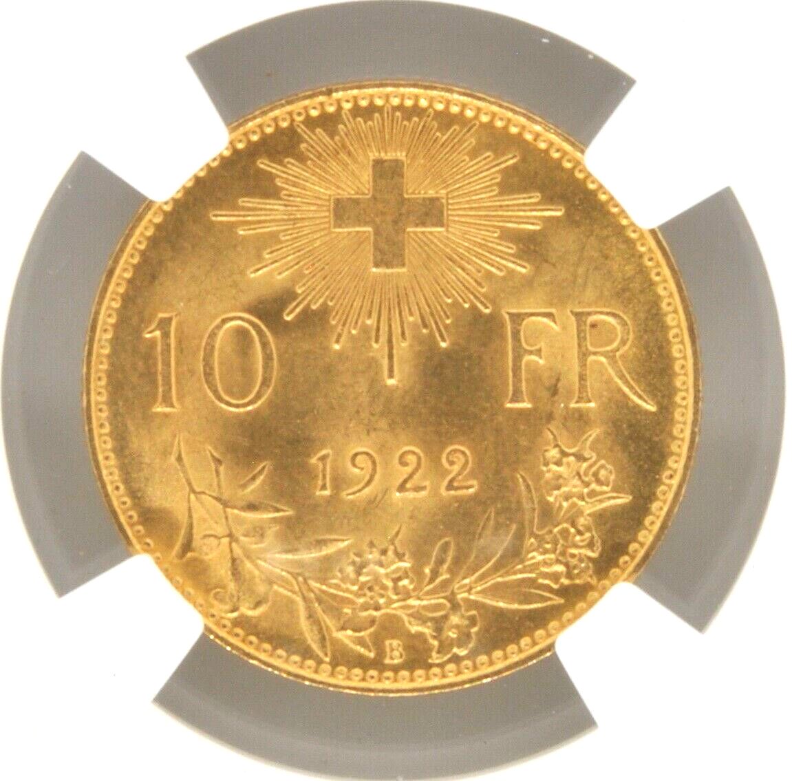 1922 B Switzerland 10 Franc 0.900 Gold Coin NGC MS 64 Helvetia Berne Mint  KM# 36