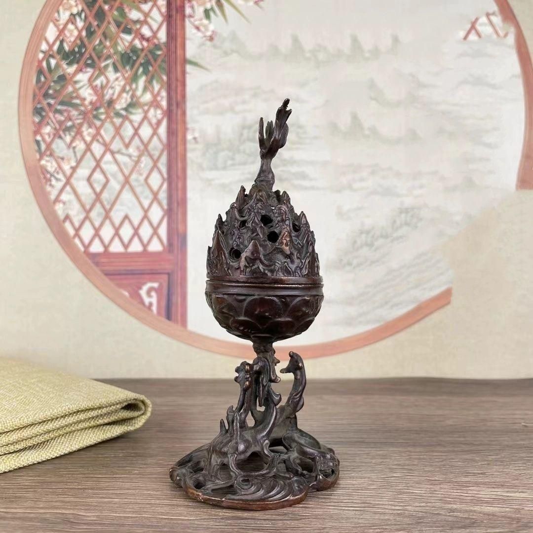 銅 細工 朱雀博山炉 禅意薫炉 茶道香炉 香具 装飾品 工芸品 置物