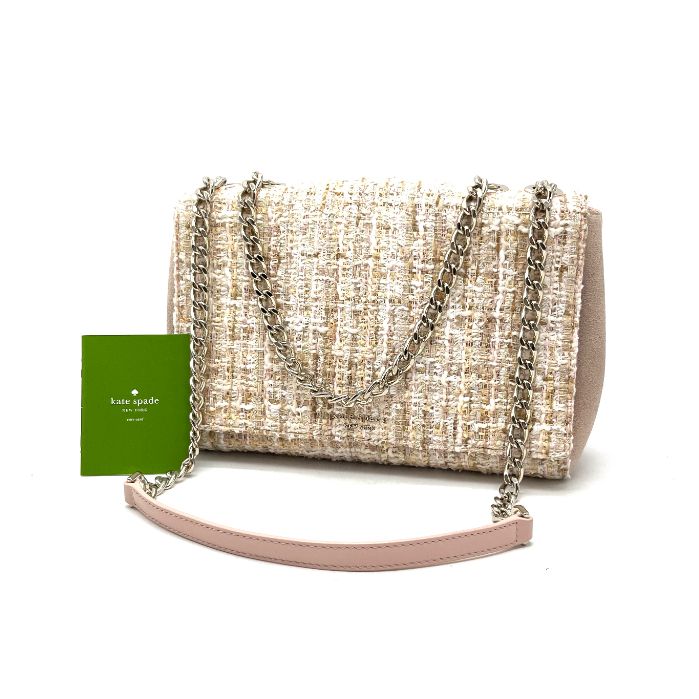 【】良品 kate spade ケイトスペード ロゴ ツイード スエード レザー チェーン ハンド ショルダー バッグ eY0623N