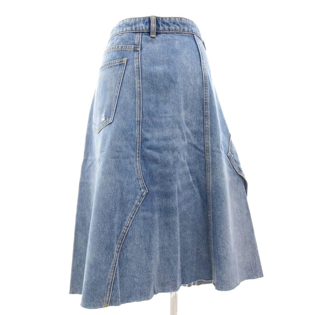 トリーバーチ TORY BURCH デコンストラクト デニムスカート Aライン 切りっぱなし カットオフ 花 フラワー 刺繍 インディゴブルー 10 GV GY19