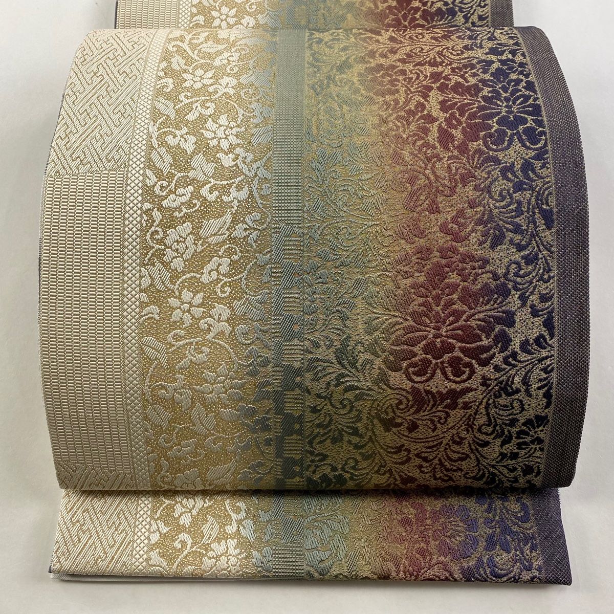 袋帯 美品 名品 リバーシブル 花唐草 縞 金銀糸 灰緑 全通 正絹 袋帯 美品 名品 リバーシブル 花唐草 縞 金銀糸 灰緑 全通 正絹
