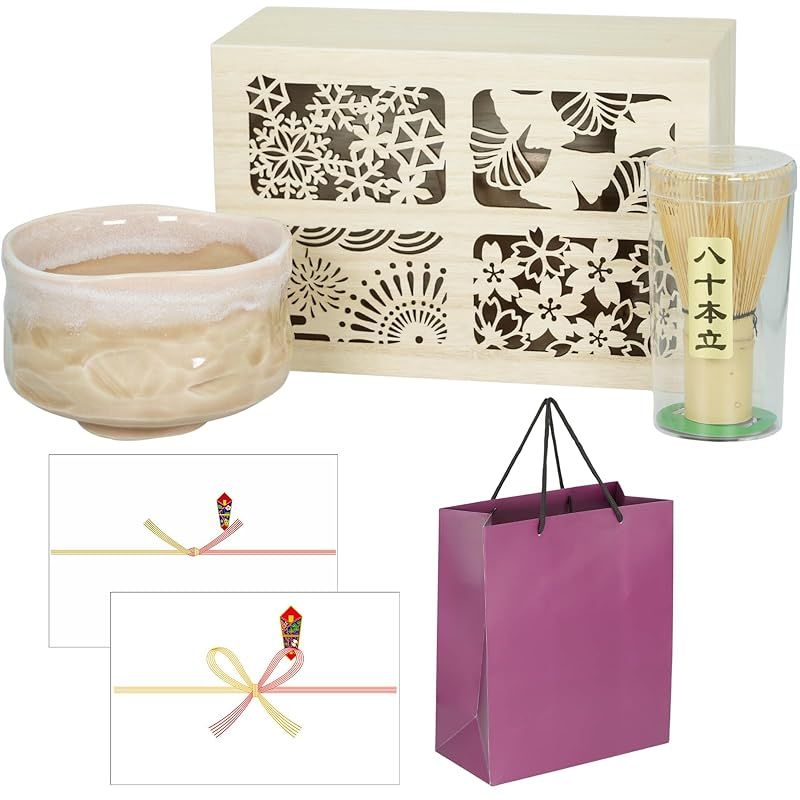 SEIDO 美濃焼 抹茶セット 茶道具 茶器セット 抹茶椀 プレゼント ギフト 木箱入り 茶筅 桃色