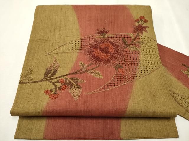 平和屋着物▽中国三大刺繍 スワトウ相良刺繍 総刺繍 九寸名古屋帯 紬地