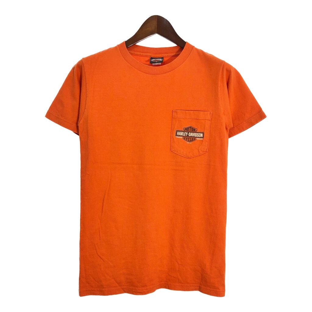 00年代 HARLEY DAVIDSON ハーレーダビッドソン ポケットＴシャツ モーターサイクル オレンジ メンズ S 古着 U1191