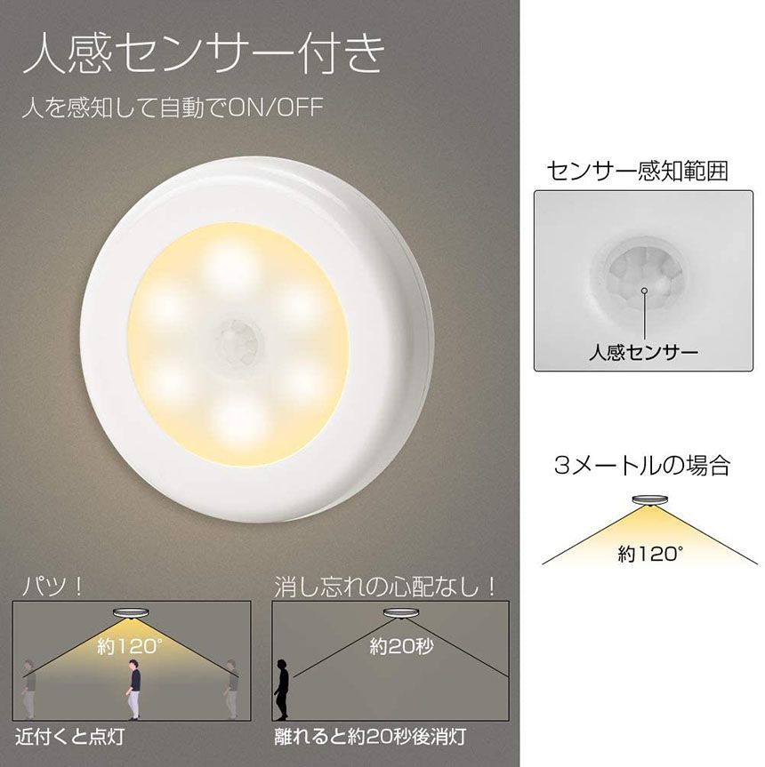 人感センサーライト 電池式 フットライト 小型 LED足元ライト 室内 ベッドサイドランプ 明暗センサー 停電 防災 対策 マグネット付き キッチン  廊下 階段 足元 本棚 クローゼット に適用 目に優しい センサーライト 1個のみ メルカリ