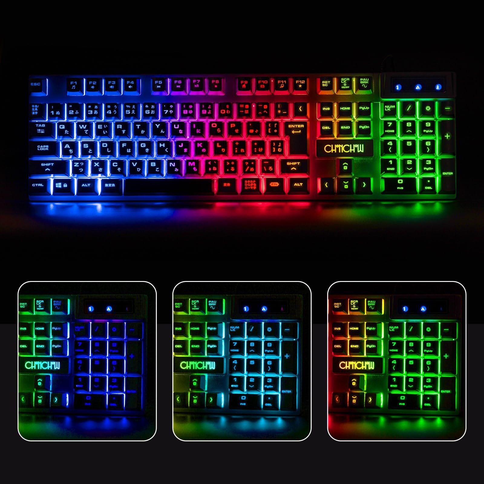 日本語配列 7色ゲーミングマウス「無変換」/「変換」キー付き テンキーレス ps4/ps5対応 光る 有線 スイッチ 4段階DPI 19キー防衝突 ゲーミングキーボードマウスセット 108キー PC/Windows/Mac CHONCHOW