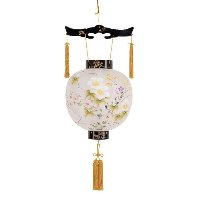 盆提灯 八女提灯 吊り提灯 御殿丸 蒔絵絹絵入 11号 長さ85cm P15 8001-11134ac LED電池式 初盆 お盆