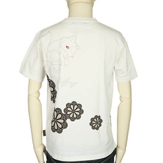 今昔 KON-JAKU こんぎつねと大輪の花に紗綾形 和柄 半袖Tシャツ （ KJ