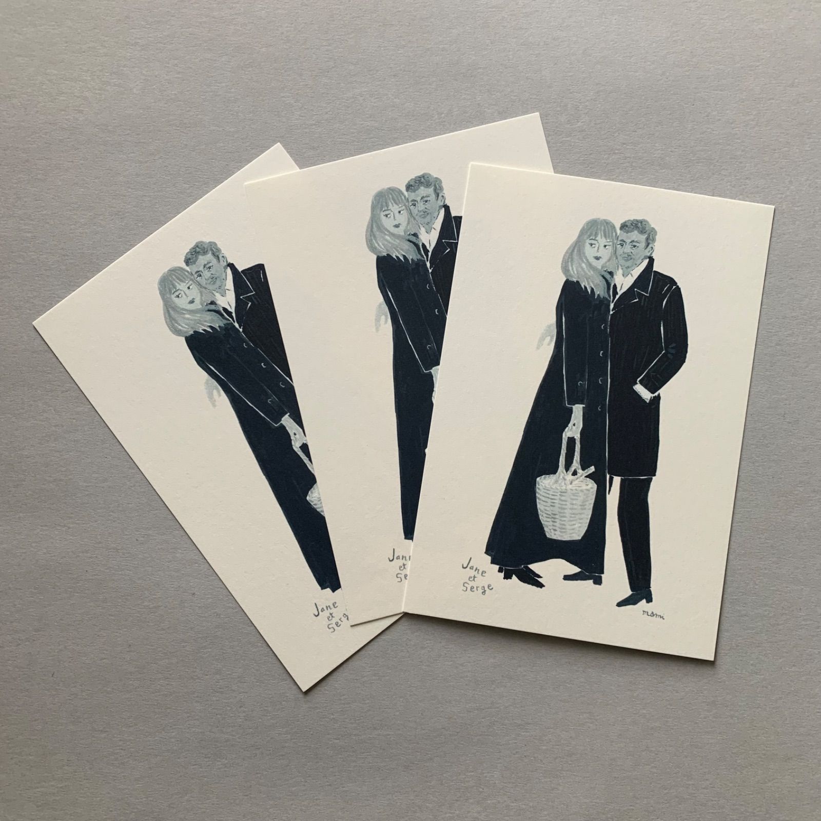 「ジェーン＆セルジュ」ポストカード３枚セット　パリ　シネマ　フランス映画　カゴバッグ　モノクロ　カード-0