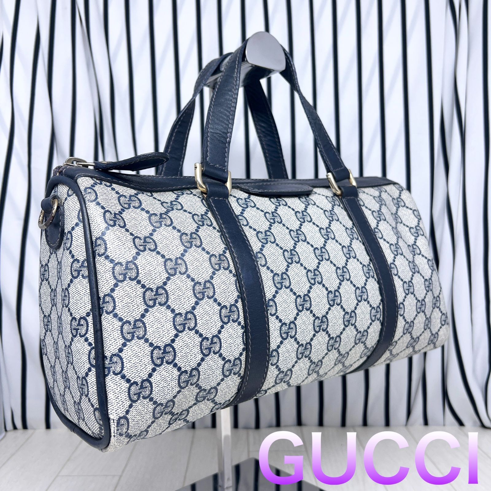 GUCCI オールドグッチ GG PVC ボストンバッグ ネイビー 大容量