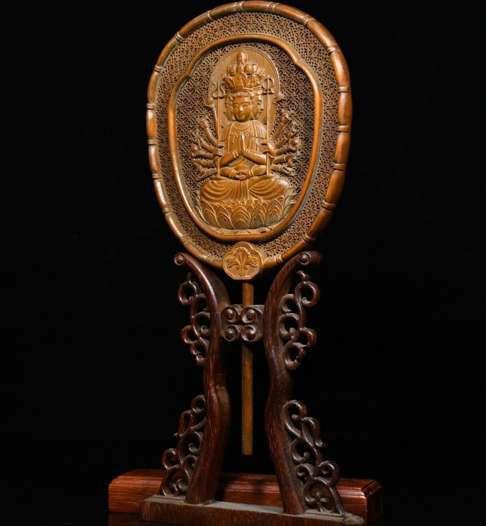 旧家蔵出し 黄楊木細密彫 千手觀音紋屏風 置物 賞物 文房具 書道品