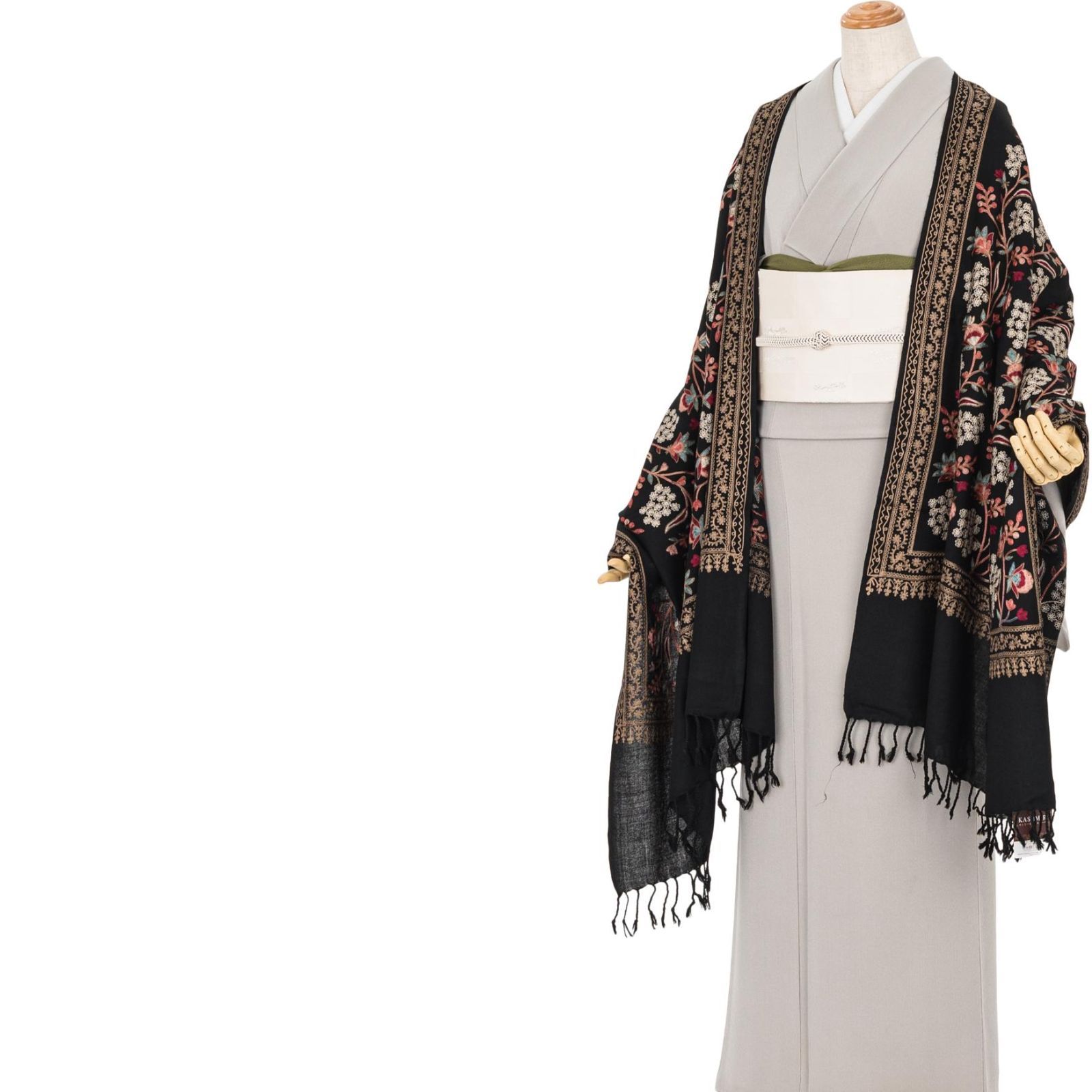 ウール100％大判ショール カシミール刺繍 黒