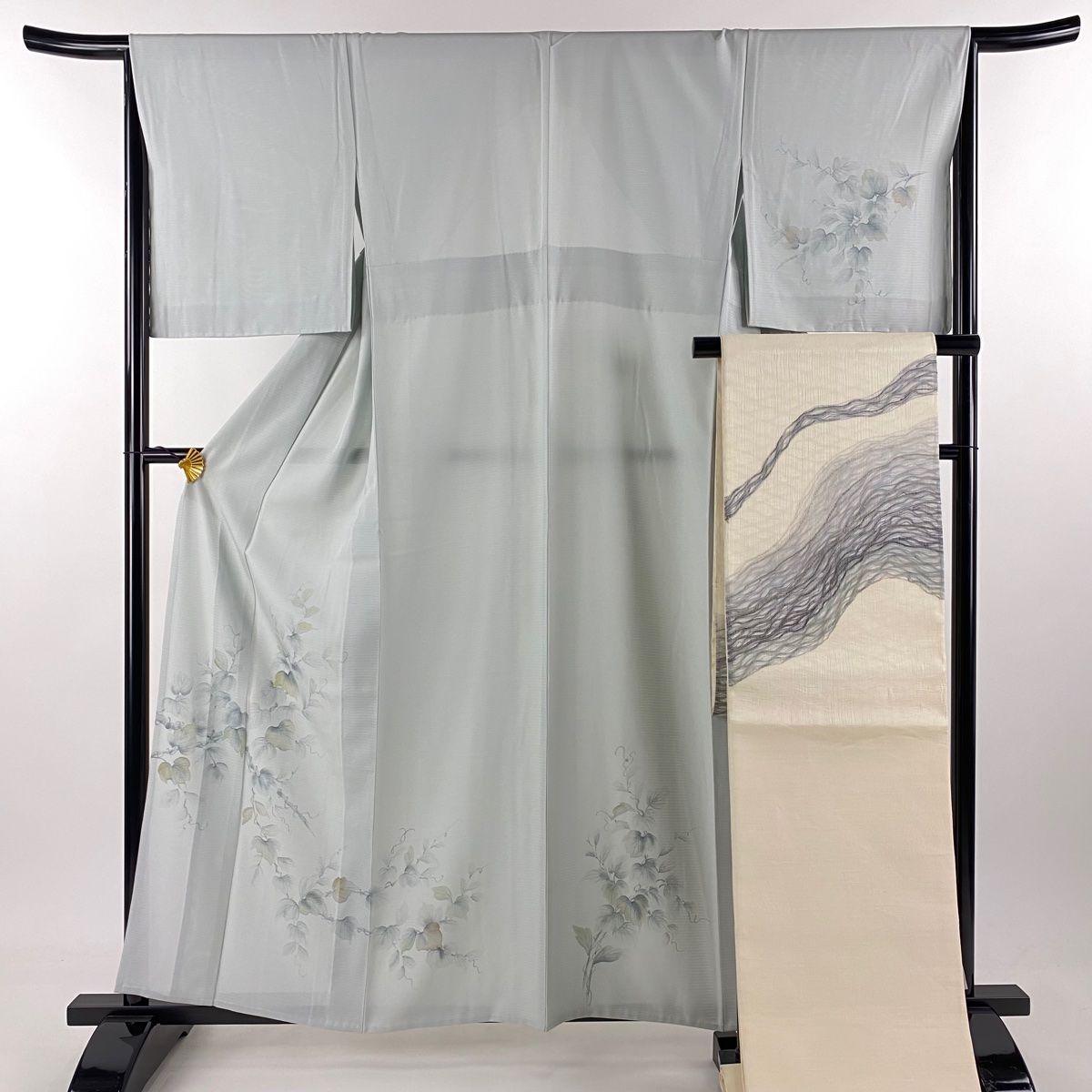 付下げ 身丈159cm 裄丈66cm M 薄物 袋帯セット 絽 蔦 青灰色 正絹 秀品