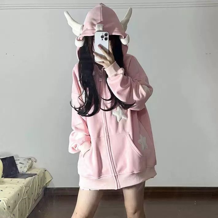 ピンク 星 天使の羽フード サブカル 服 秋 春 冬 フード付き