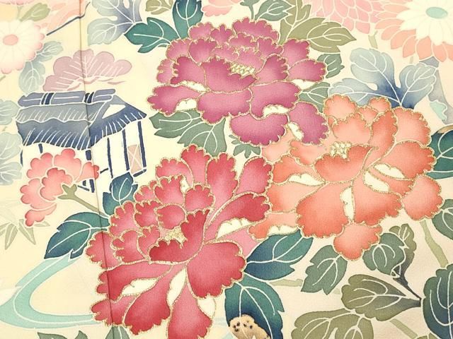 振り袖 南蛮船風景文 手描き 金彩 アンティーク 平和屋着物□豪華振袖 牡丹風景文 暈し染め 金彩 正絹 逸品