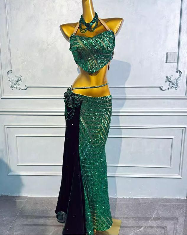 ベリーダンス オリエンタル衣装 グリーン ブラ スカート オーダー