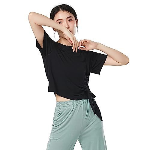 Aタイプ ブラック_M [優億] ダンス衣装 レディース バレエ 半袖 トップス 練習レッスンウエア ストレッチ Ｔシャツ ブラウス ギャザー 調整可能 2way トップス 古典舞踊 バレエ ウエア 社交ダンス (M, Aタイプ ブラック)