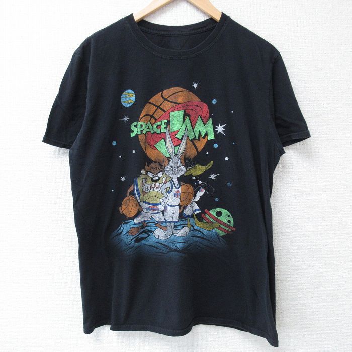 L/古着 半袖 Tシャツ メンズ スペースジャム ルーニーテューンズ LOONEY TUNES バッグスバニー ダフィーダック コットン クルーネック 黒 