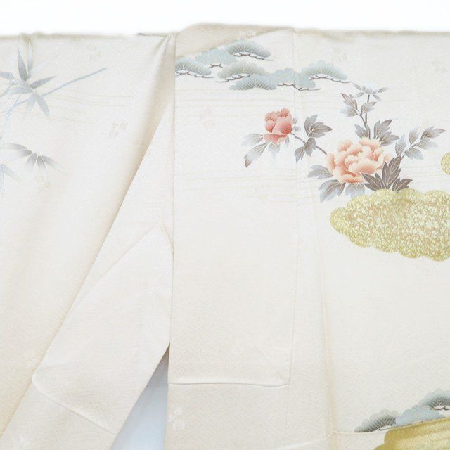 特選 訪問着 着物 中古 正絹 袷 金駒刺繍 松竹梅 牡丹 雲 A1233