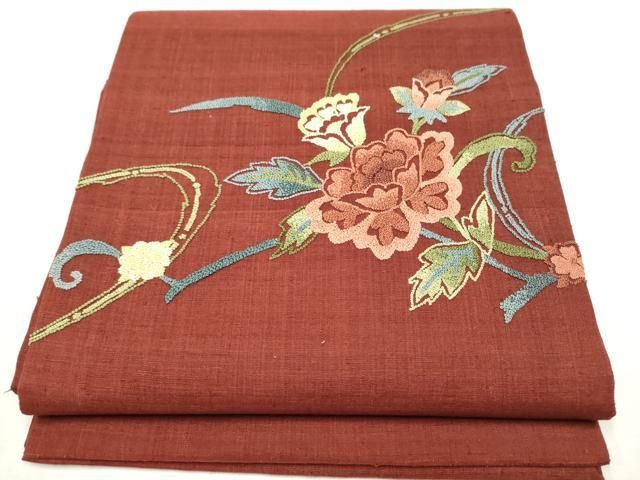 平和屋着物○塩瀬 九寸名古屋帯 刺繍 更紗花文 金彩 正絹 逸品 未使用