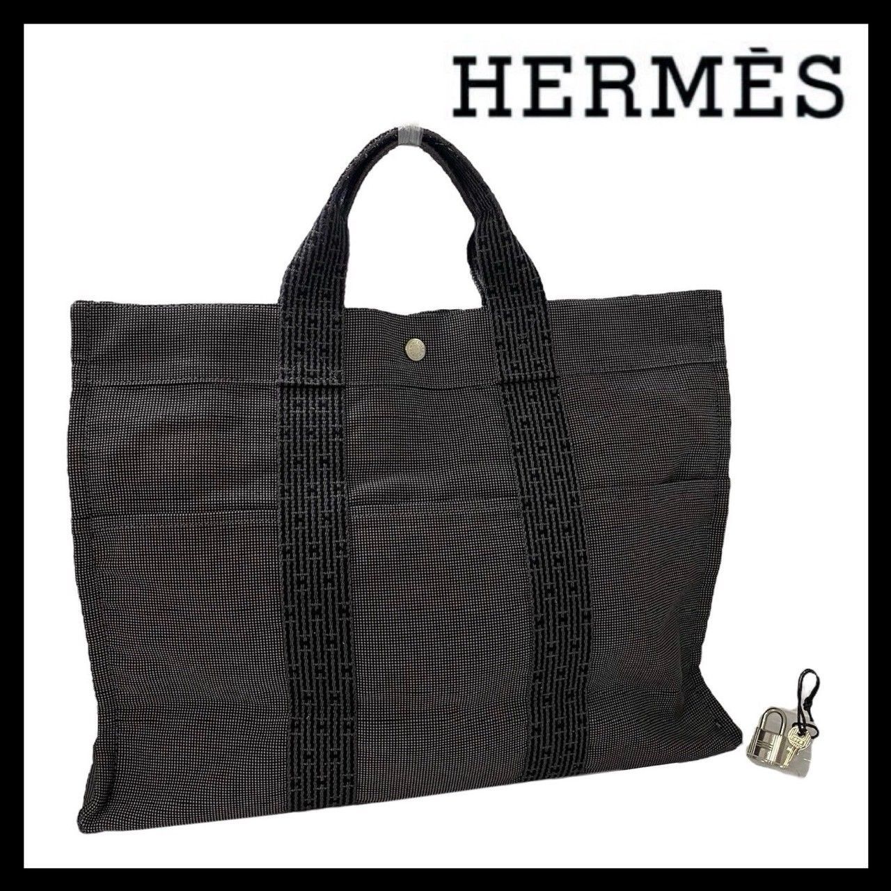 U【HERMES】エールライン トートMM キャンバス グレー トートバッグ