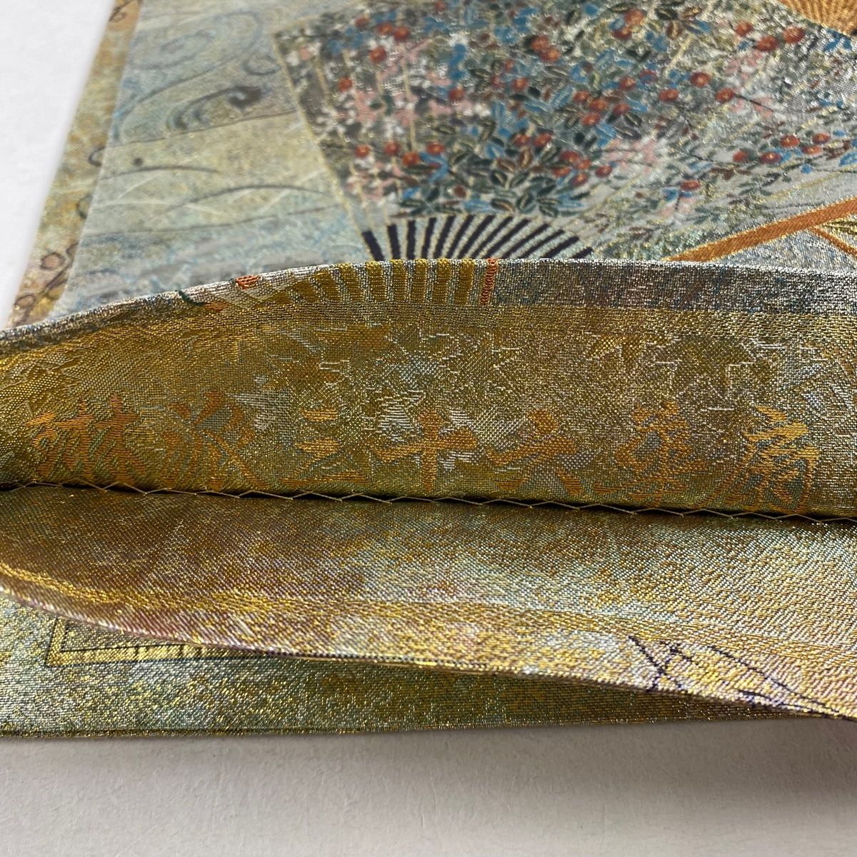 桂由美作 豪華袋帯金彩 赤糸の扇子模様 さくら柄 織り柄 全通 正絹YO-464 袋帯 秀品 落款 華文 向かい鳥 螺鈿 金銀彩 オレンジ お太鼓柄