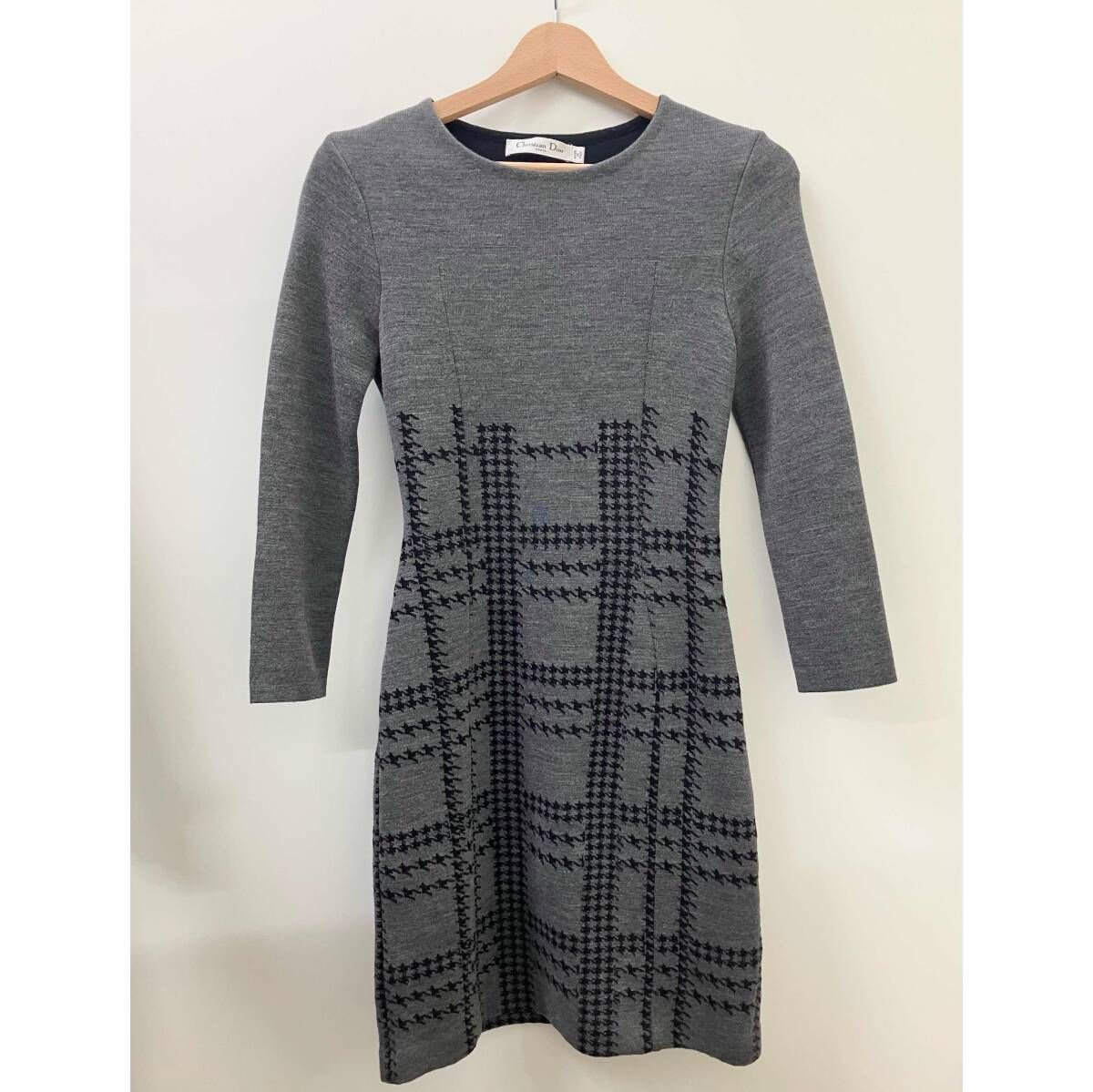 Christian Dior クリスチャン ディオール 千鳥格子柄 グレー ニットワンピース 膝丈 七分袖