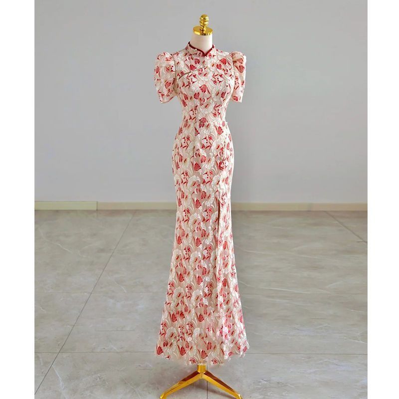 レディース 夏 民族衣装 コスチューム 美しい チャイナ ドレス 女性 乾杯 摩耗 花嫁 結婚式 婚約 レース ロング丈