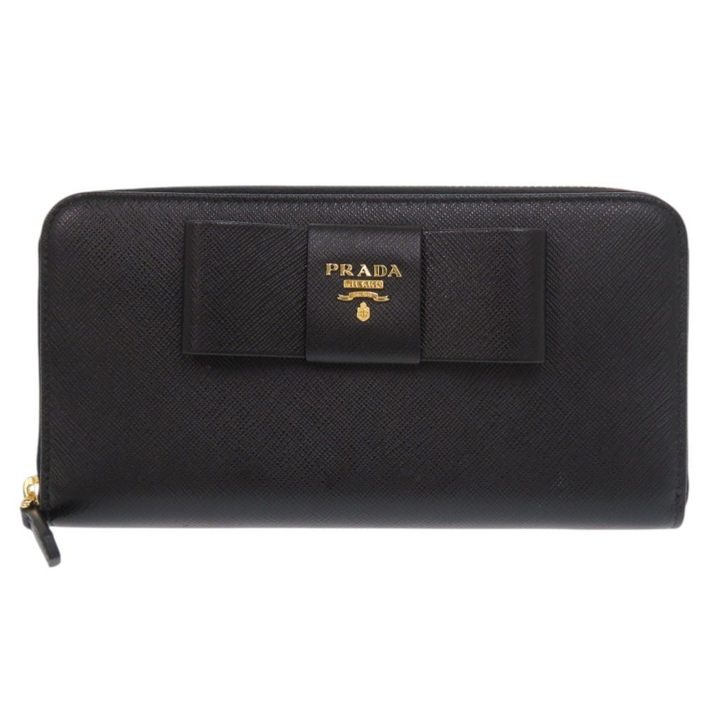 ♥品 プラダ リボン サフィアーノ ブラック ラウンドファスナー 長財布 黒 0960 PRADA