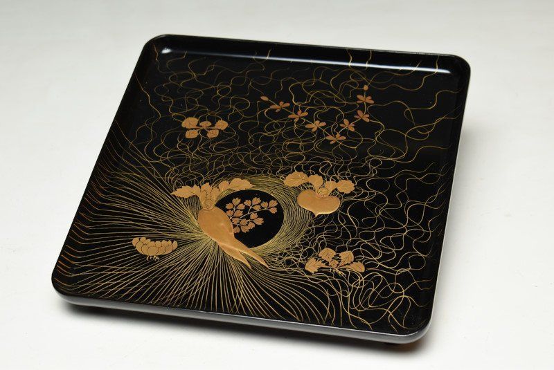 蔵A3009 木製黒塗 盛蒔絵二股大根蕪図 吸物膳 会席盆 十客 時代