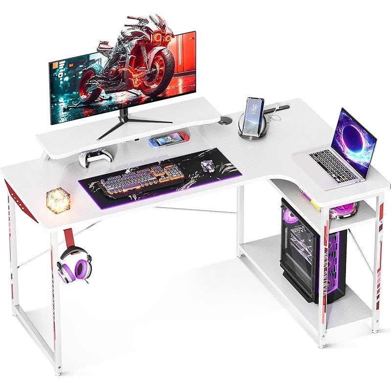 ODK ゲーミングデスク パソコンデスク 幅130 l字デスク コンセント付き pcデスク デスク 机 ラック付き コーナーデスク 収納 オフィスデスク 組立簡単 右棚 カーボン調ホワイト 0