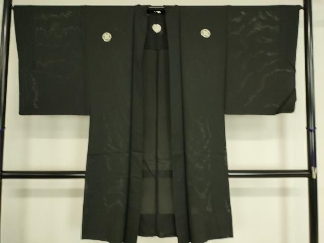 平和屋着物男性　黒紋付長羽織　スリーシーズン　春夏秋　塵除け　絽　正絹　逸品　DAAT9159az
