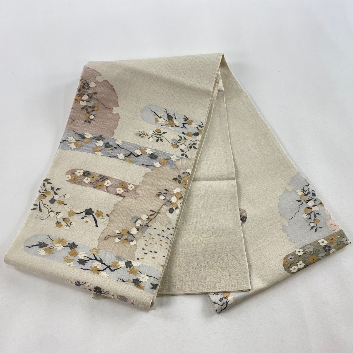 袋帯 美品 秀品 夏帯 草花 霞 金糸 ベージュ お太鼓柄 正絹