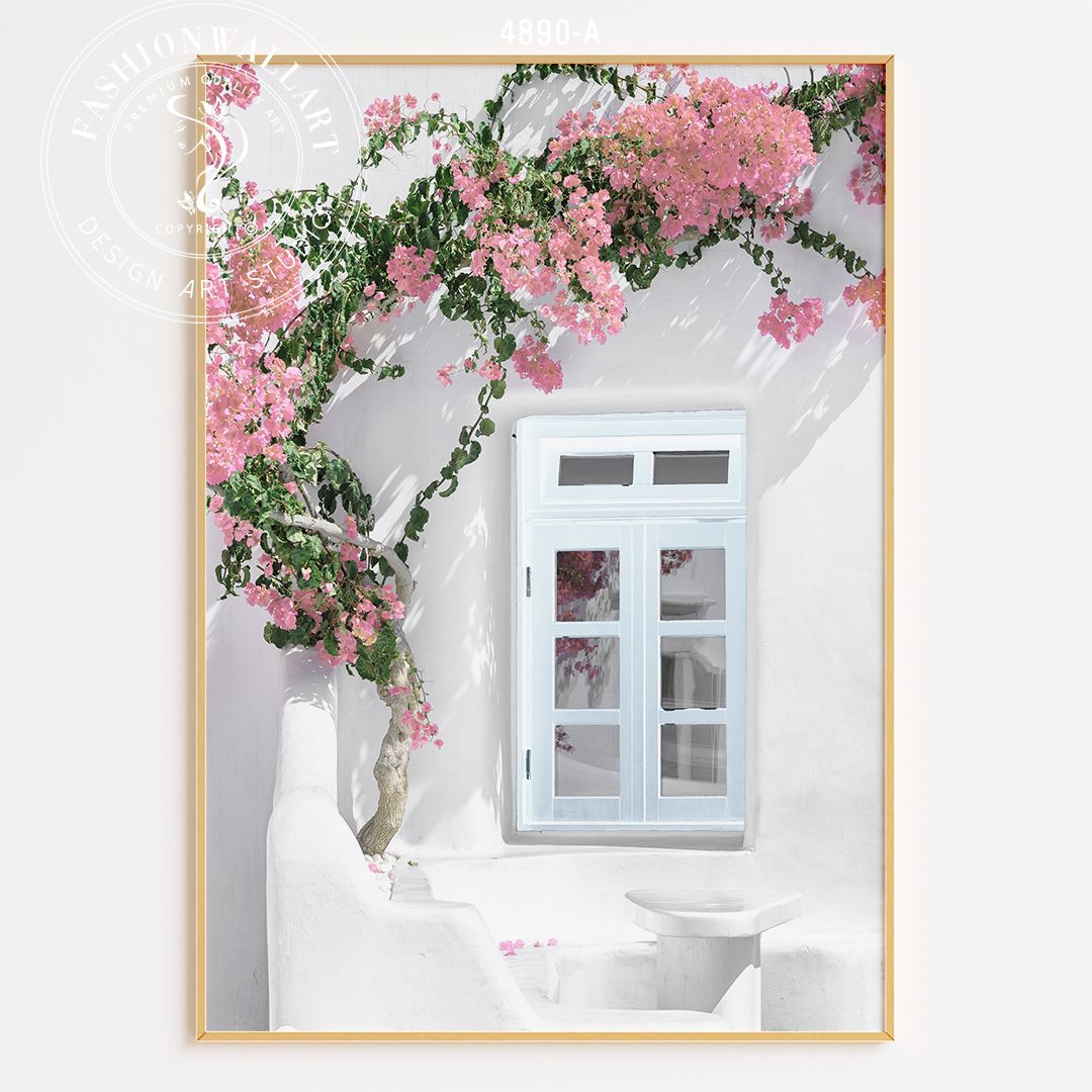 アートポスター ブーゲンビリア サントリーニ風 パステルブルー