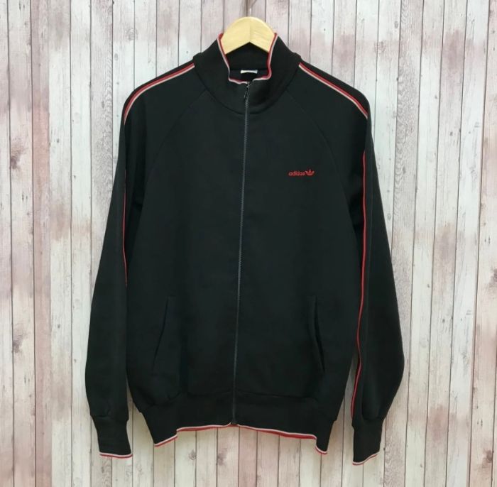 アディダス adidas デサント トラックジャケット ジャージ 70s 青タグ ジップアップ ワンポイント O ブラック 黒 MR143