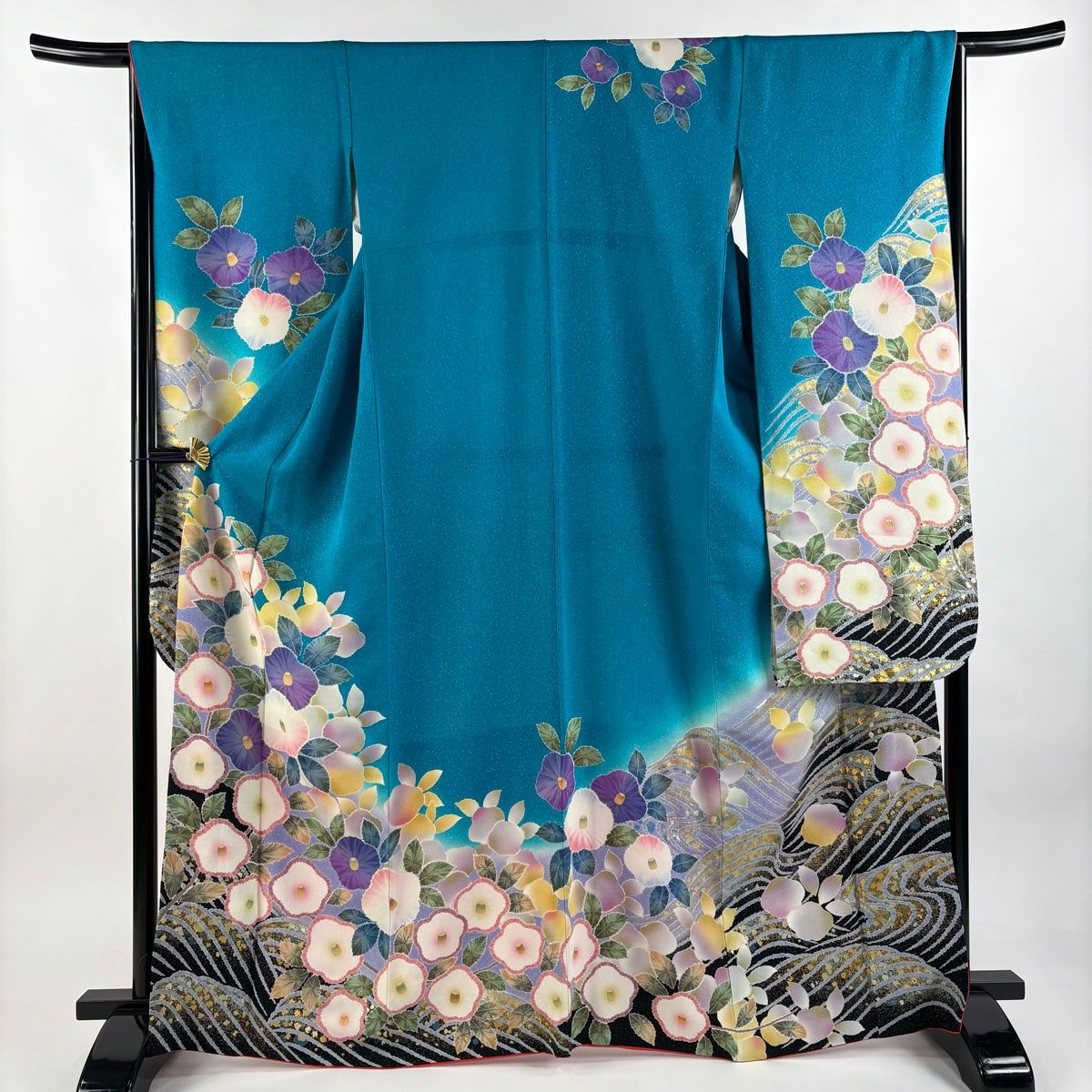 振袖 身丈167cm 裄丈66cm M 袷 椿 波 銀通し 金彩 青緑 正絹