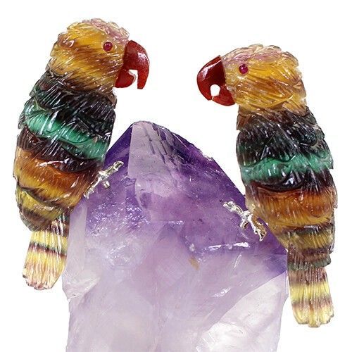 D300-28 極上彫刻品 2匹 フローライト インコ アメジスト結晶 置物 D300-28）極上彫刻品 2匹 フローライト インコ アメジスト結晶 置物