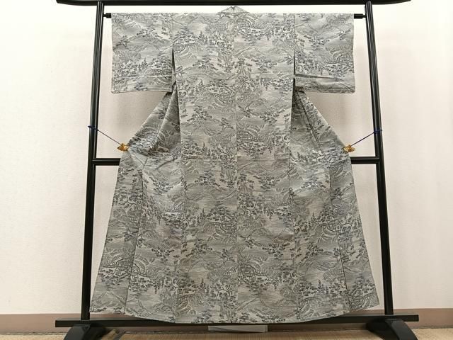 平和屋着物▽上質な紬 単衣 舞葉文 正絹 逸品 AAAZ2341jh