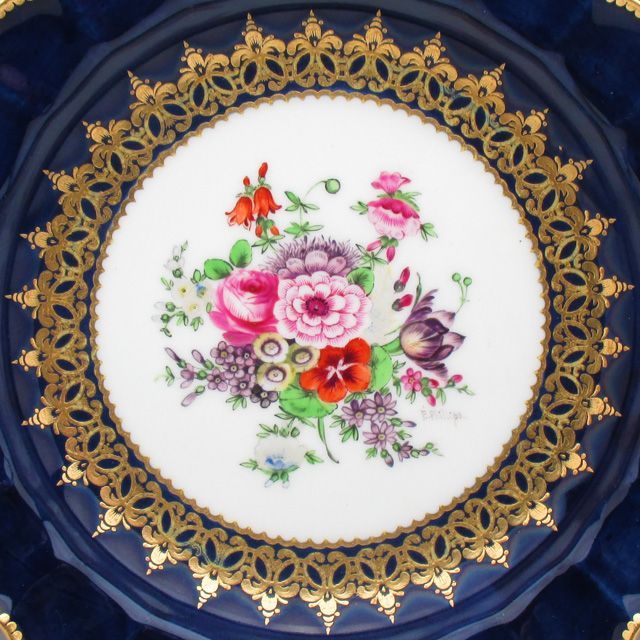 ロイヤルウースター コバルト金彩花束絵 プレート 19cm アンティーク