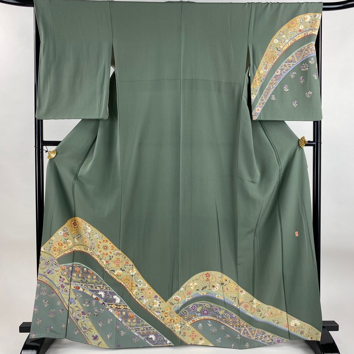 訪問着 身丈166cm 裄丈65.5cm M 袷 落款 華文 草花 灰緑 正絹 秀品