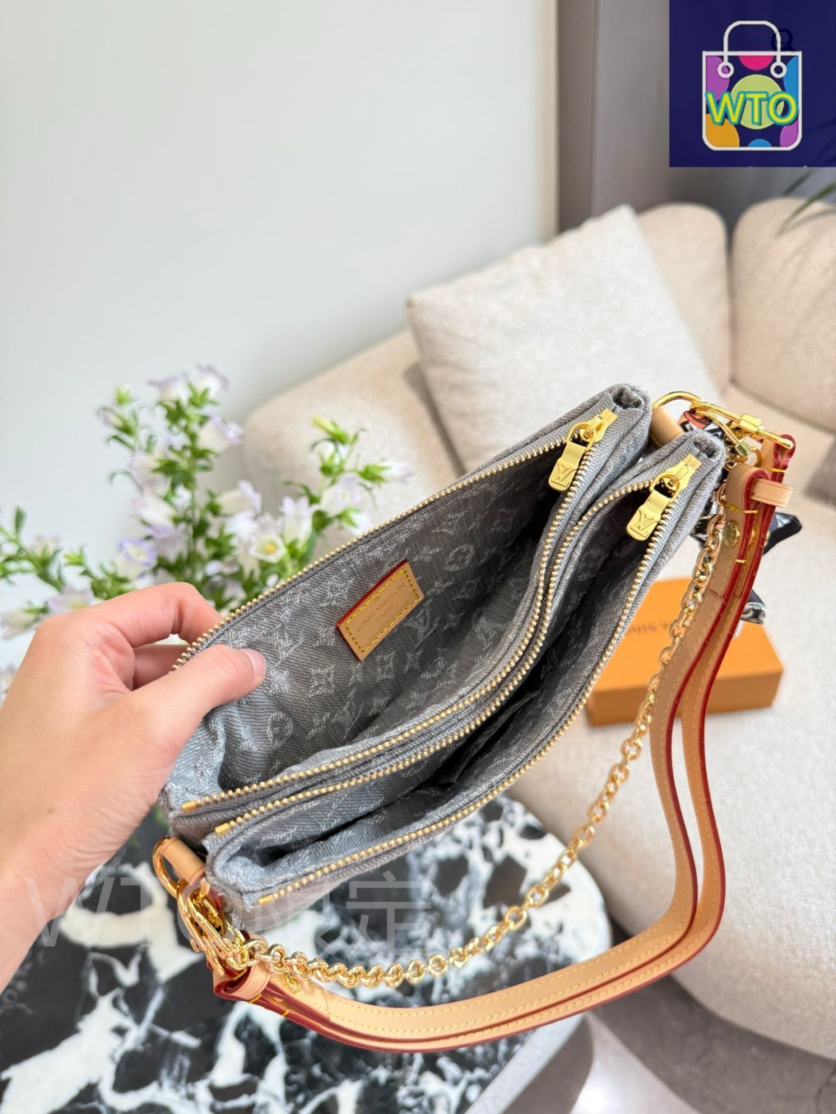 今日特価】LV Double Zipper Mahjong Bag [Denim Grey 25cm