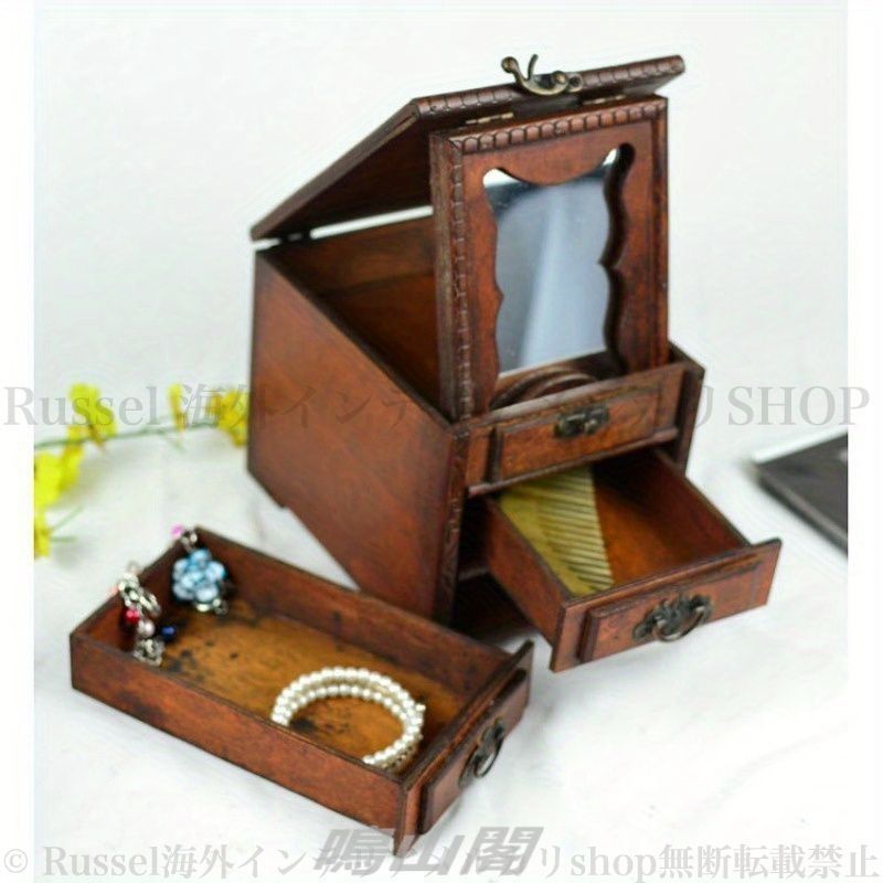 ジュエリー ボックス ヴィンテージ風 レトロ 鏡付き おしゃれ かわいい ケース ミニ チェスト アンティーク 宝石箱 4-7