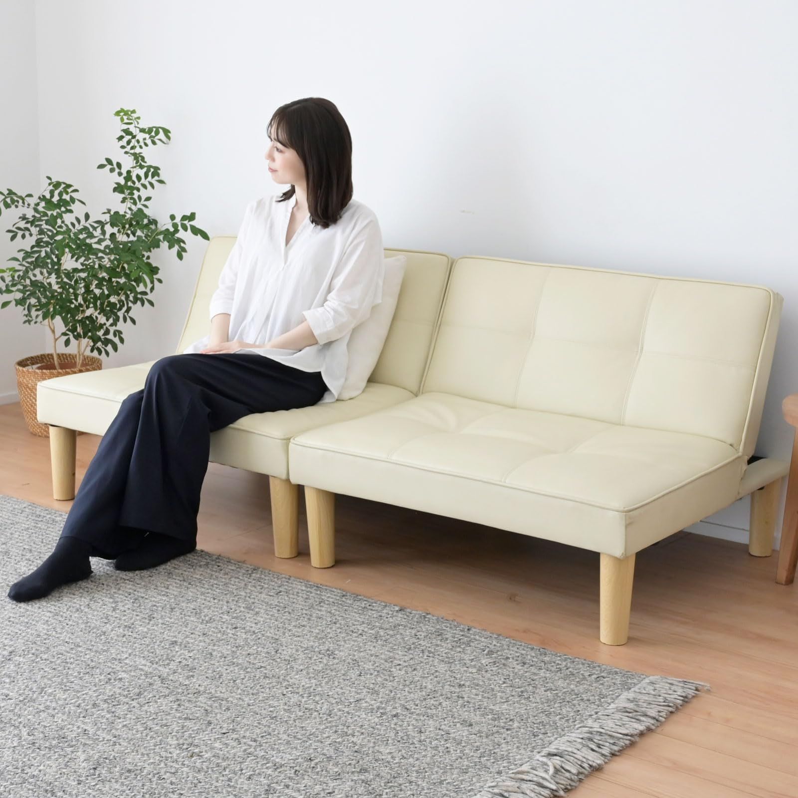 2人掛ローソファ アイボリー 組立品 完成品】2人掛け クッション付き 