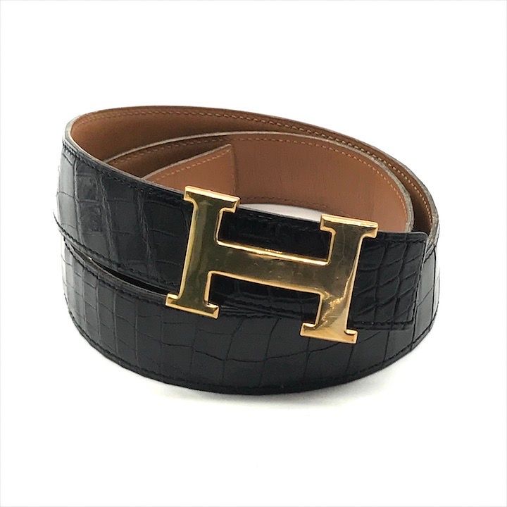HERMES エルメス コンスタンス H ベルト クロコ ブラック マルL刻印 
