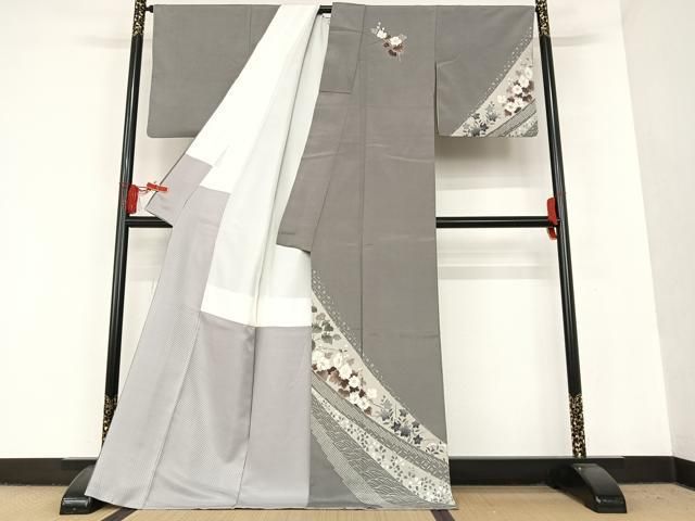 平和屋着物○藤倉守正 本塩沢 やまだ織 訪問着 手描き 草花文 金彩  