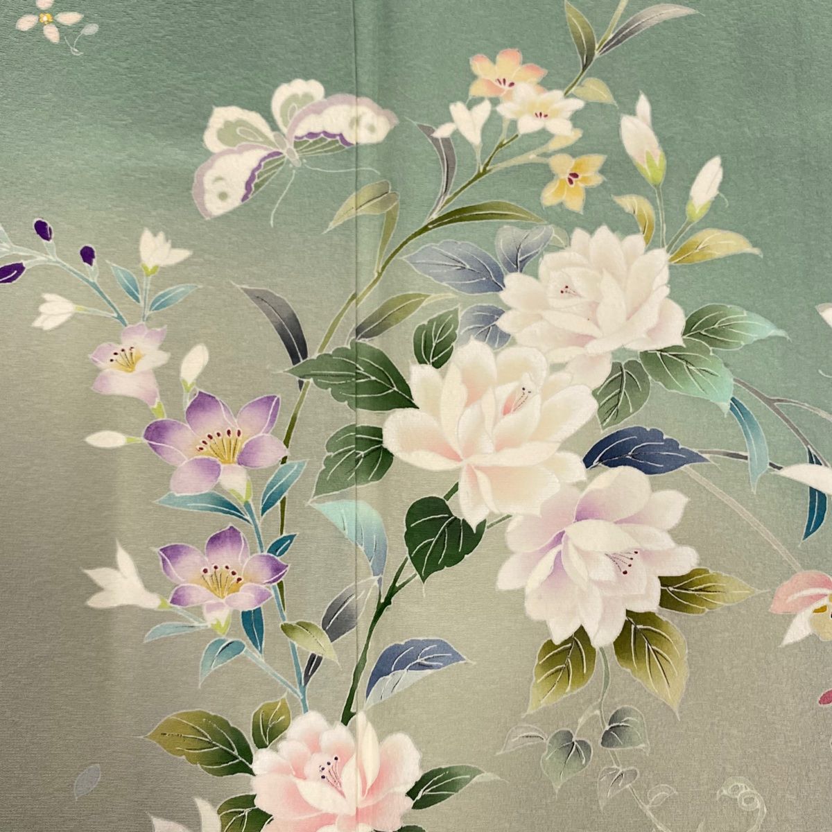 付下げ 身丈153cm 裄丈66cm M 袷 落款 草花 蝶 染め分け ぼかし 薄緑  