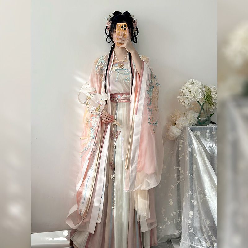 蝶恋花語 齊腰漢服 大袖衫 吊り帯付き百褶裙 漸變繍花デザイン ソングスタイル レディース用 粉色-ブルー 春夏用 優雅中華風ドレス 日常着 通勤 撮影用 コスプレ衣装 特別な日のお