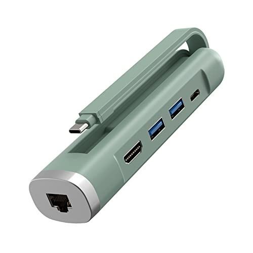 Dark Grey Elexlinco USB ハブ， 5-in-1 USB C ハブ アダプタ， デュアルポートUSB-A 5Gbps 伝送， 100W USB PD USB-Cポート， 4K出力 HDMIポート， 1000Mbps Rj45 イーサネットポ